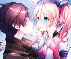 Rule 34 | !?, 2girls, ^^^, blonde hair, blue eyes, brown hair, chest harness, earrings, eneru (enepuni), closed eyes, genji (overwatch), hands on another&#039;s face, harness, heart, imminent kiss, jewelry, mercy (overwatch), multiple girls, overwatch, overwatch 1, pink mercy, short hair, tracer (overwatch), twintails, twitter username, yuri