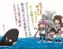 Rule 34 | 3girls, abyssal ship, akebono (kancolle), bell, black hair, bow, brown hair, comic, commentary request, elbow gloves, flower, gloves, hair bell, hair bow, hair flower, hair intakes, hair ornament, headband, i-class destroyer, jintsuu (kancolle), kantai collection, long hair, multiple girls, open mouth, outstretched arms, pleated skirt, purple hair, remodel (kantai collection), rigging, saiguchi otoufu, school uniform, serafuku, shirt, short sleeves, side ponytail, skirt, sleeveless, sleeveless shirt, smoke, spread arms, squatting, standing, standing on liquid, sweatdrop, thighhighs, translation request, ushio (kancolle)