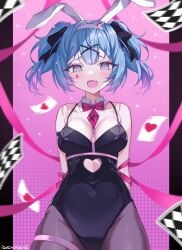 Rule 34 | 1girl, @ @, ace (playing card), ace of hearts, animal ears, artist name, black leotard, black ribbon, blue eyes, blue hair, blurry, bow, bowtie, breasts, card, clothing cutout, collar, detached collar, fake animal ears, fang, gachumacha, hair ornament, hatsune miku, heart, heart cutout, heart hair ornament, highres, leotard, miku day, necktie, open mouth, pantyhose, pink bow, pink bowtie, pink necktie, pink ribbon, playboy bunny, playing card, rabbit ears, rabbit hole (vocaloid), ribbon, skin fang, solo, teardrop facial mark, twintails, vocaloid, white collar, x hair ornament