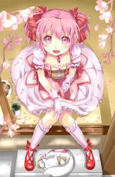 Rule 34 | 10s, 1girl, blush, cherry blossoms, choker, cup, dress, food, from above, gloves, hair ribbon, kaname madoka, king-keisuke, kyubey, looking up, magical girl, mahou shoujo madoka magica, mahou shoujo madoka magica (anime), open mouth, petals, pink eyes, pink hair, ribbon, sakura mochi, shoes, short twintails, sitting, smile, socks, tea, twintails, wagashi
