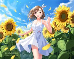 Rule 34 | 1girl, 2020, :d, artist name, blue sky, blush, breasts, brown hair, cleavage, cloud, collarbone, day, dress, field, floating hair, flower, flower field, hair ornament, lilia creative, long hair, looking at viewer, motion blur, open mouth, original, outdoors, petals, rabbit hair ornament, sky, sleeveless, sleeveless dress, small breasts, smile, solo, standing, sundress, sunflower, sunflower field, watermark, white dress, yellow flower