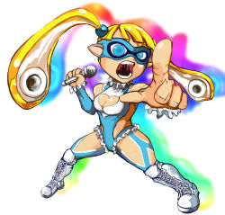 Rule 34 | 1girl, blonde hair, boots, breasts, cleavage, cleavage cutout, clothing cutout, fusion, gradient background, heart, heart cutout, inkling player character, leotard, long hair, mask, medium breasts, microphone, nintendo, omi (a-m-suit), pointy ears, rainbow mika, shouting, simple background, solo, splatoon (series), splatoon 1, street fighter, street fighter v, tentacle hair, twintails