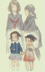 Rule 34 | 2girls, age difference, blue jacket, dress, hantsuki (ichigonichiya), highres, holding hands, jacket, multiple girls, original, red dress, school uniform, serafuku, skirt, smile