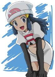 1girl :d absurdres beanie black_gloves blue_eyes blue_hair boots creatures_(company) dawn_(pokemon) elbow_gloves game_freak gloves hainchu hat highres leaning_forward long_hair looking_at_viewer midriff navel nintendo open_mouth pokemon pokemon_(anime) pokemon_dppt_(anime) skirt smile solo team_rocket team_rocket_uniform thigh_boots white_hat white_skirt