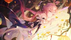 Rule 34 | 1girl, bare shoulders, bow-shaped hair, bridal gauntlets, closed mouth, constellation, constellation print, detached sleeves, dress, forehead jewel, fu xuan (honkai: star rail), hair ornament, hair rings, hair stick, highres, honkai: star rail, honkai (series), jewelry, long hair, looking at viewer, low twintails, miniskirt, pantyhose, parted bangs, pink hair, pink tassel, purple rope, rope, skirt, solo, tassel, tassel hair ornament, twintails, very long hair, white pantyhose, white skirt, yellow eyes, yu-x