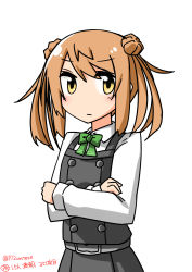 Rule 34 | 172cm, blush, bow, bowtie, brown hair, collared shirt, crossed arms, double bun, dress, green bow, green bowtie, hair bun, highres, kantai collection, long sleeves, looking at viewer, michishio (kancolle), michishio kai ni (kancolle), pinafore dress, shirt, short hair, simple background, sleeveless, sleeveless dress, solo, tagme, twitter username, v-shaped eyebrows, white background, white shirt, yellow eyes