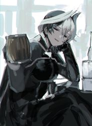 Rule 34 | 1girl, black cape, black eyes, black gloves, black hair, black jacket, black pants, bottle, cape, cup, elbow rest, feet out of frame, gloves, grin, hair between eyes, head rest, highres, holding, holding cup, jacket, crossed legs, looking at viewer, made in abyss, mug, multicolored hair, ozen, pants, seiya ingen, short hair, sitting, sketch, smile, solo, table, tankard, two-tone hair, white hair