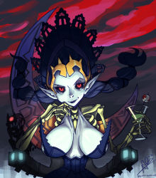 Rule 34 | 1girl, alex ahad, black lips, black sclera, blue skin, breasts, colored sclera, colored skin, crown, dress, large breasts, lipstick, makeup, odette, odin sphere, pointy ears, red eyes, ribs, skeleton, smile, solo
