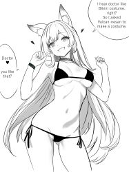 Rule 34 | 1girl, :d, absurdres, animal ears, arknights, bare shoulders, bikini, bracelet, breasts, ceobe (arknights), collar, collarbone, cowboy shot, dog ears, english text, fangs, gladius pvp, gluteal fold, greyscale, heart, highres, jewelry, long hair, looking at viewer, medium breasts, monochrome, navel, open mouth, side-tie bikini bottom, smile, solo, speech bubble, stomach, swimsuit, underboob, very long hair