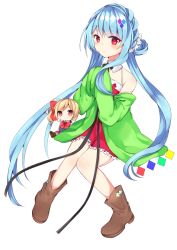 Rule 34 | 1girl, blue hair, blush, bow, braid, brown footwear, character doll, character request, detached collar, detached sleeves, full body, hair ornament, hands in opposite sleeves, highres, long hair, long sleeves, looking at viewer, maki soutoki, original, red bow, red eyes, red skirt, skirt, smile, very long hair, virtual youtuber, white neckwear