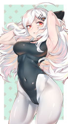 Rule 34 | 1girl, absurdres, armpits, black leotard, commentary, covered navel, cowboy shot, girls&#039; frontline, hair ornament, hairclip, highleg, highleg leotard, highres, iws 2000 (girls&#039; frontline), leotard, long hair, looking at viewer, moto toshi, pantyhose, red eyes, silver hair, solo, wavy hair, white pantyhose