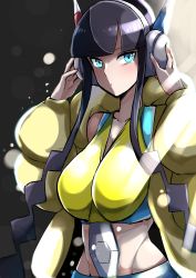 Rule 34 | 1girl, bare shoulders, black hair, blue eyes, blue nails, blue shorts, blue tank top, blunt bangs, breasts, closed mouth, coat, collarbone, cowboy shot, creatures (company), crop top, elesa (pokemon), expressionless, fur coat, game freak, groin, gym leader, hands on headphones, hands up, headphones, highres, large breasts, looking at viewer, megao 3rd, midriff, multicolored clothes, nail polish, nintendo, open clothes, open coat, pokemon, pokemon bw2, puffer coat, red nails, short hair with long locks, shorts, sidelocks, sleeveless, solo, sunlight, tank top, yellow coat, yellow tank top