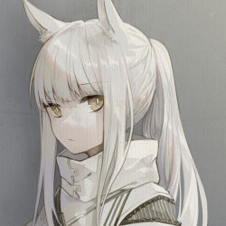 Rule 34 | 1girl, absurdres, animal ear fluff, animal ears, arknights, brown eyes, expressionless, grey background, high collar, highres, horse ears, horse girl, long hair, looking at viewer, looking to the side, miike (992058), platinum (arknights), ponytail, portrait, shirt, solo, white hair, white shirt