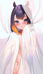 Rule 34 | 1girl, :o, absurdres, blue eyes, blush, breasts, collarbone, curtains, groin, hands up, highres, hololive, hololive english, long hair, looking at viewer, maru ccy, mole, mole under eye, navel, ninomae ina&#039;nis, nude, open mouth, orange hair, out-of-frame censoring, purple hair, see-through, small breasts, solo, tentacle hair, very long hair, virtual youtuber