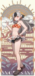 Rule 34 | 1girl, absurdres, arknights, bandeau, bare arms, bare legs, bare shoulders, bikini, black footwear, black hair, black shorts, braid, commentary request, crocs, flower, full body, grey hair, hair flower, hair ornament, highres, long hair, looking at viewer, multicolored hair, navel, official alternate costume, orange bikini, parted lips, sarong, short shorts, shorts, snowsant (arknights), solo, standing, stomach, swimsuit, thighs, two-tone hair, very long hair, welt (kinsei koutenkyoku), white flower