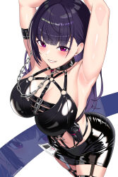 Rule 34 | 1girl, absurdres, arm strap, armpits, bare shoulders, bikini, bikini top only, black bikini, black skirt, blunt bangs, blush, breasts, chain, chain leash, chest harness, cleavage, collar, collarbone, commentary request, cowboy shot, earrings, garter straps, goddess of victory: nikke, harness, highres, jewelry, large breasts, leash, leather bikini, leather skirt, long hair, looking at viewer, midriff, mihara (nikke), miniskirt, navel, nikutomochi, o-ring, o-ring top, parted lips, pencil skirt, purple eyes, purple hair, sidelocks, skindentation, skirt, smile, spiked collar, spikes, standing, stud earrings, swimsuit, twitter username, white background, zoom layer