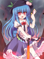 Rule 34 | 1girl, blue hair, dress, food, fruit, hat, hinanawi tenshi, long hair, open mouth, peach, red eyes, ry (yagoyago), skirt, smile, solo, spell card, sword, sword of hisou, touhou, weapon