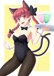 Rule 34 | 1girl, animal ears, bare arms, bare shoulders, black pantyhose, braid, breasts, cat ears, cat tail, cleavage, cocktail, collar, fangs, hair bobbles, hair ornament, isaki (gomi), kaenbyou rin, kittysuit, leotard, looking at viewer, multiple tails, nekomata, nontraditional playboy bunny, open mouth, pantyhose, playboy bunny, red eyes, red hair, smile, solo, strapless, tail, touhou, tray, twin braids, wrist cuffs