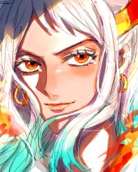 Rule 34 | 1girl, a00xm, aqua hair, close-up, commentary, earrings, eyelashes, highres, horns, jewelry, looking at viewer, multicolored hair, one piece, orange eyes, orange horns, portrait, red horns, sidelocks, smile, solo, tears, v-shaped eyebrows, white hair, yamato (one piece)