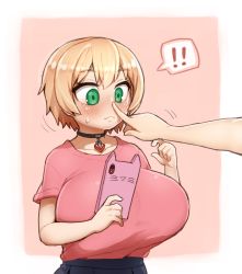 Rule 34 | !, !!, 1girl, :&lt;, absurdres, blonde hair, border, breasts, character request, collarbone, commentary request, copyright request, green eyes, hair between eyes, hand up, highres, holding, holding phone, huge breasts, ichika (ichika manga), looking away, medium hair, no nose, oppai loli, outside border, phone, pink background, pleated skirt, poking, poking nose, simple background, skirt, speech bubble, spoken exclamation mark, sweatdrop, upper body, white border