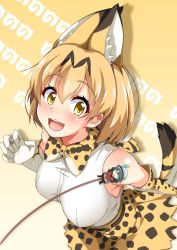 Rule 34 | 10s, 2girls, :&gt;, animal ears, blush, bow, bowtie, breasts, cla (torinabe), elbow gloves, from above, gloves, high-waist skirt, highres, japari symbol, kaban (kemono friends), kemono friends, large breasts, looking at viewer, mini person, minigirl, multiple girls, o o, open mouth, print gloves, print neckwear, print skirt, serval (kemono friends), serval print, serval tail, shirt, skirt, sleeveless, sleeveless shirt, solo focus, striped tail, tail, upper body, yellow eyes