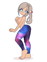 Rule 34 | 1girl, angry, ape yacht kookies, ass, barefoot, blue eyes, blue leggings, blush, breasts, covering breasts, covering privates, grey hair, leggings, liliana canistrelli, long hair, louis lloyd-judson, medium breasts, ponytail, print leggings, side ponytail, space print, standing, starry sky print, topless, white background