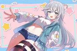 Rule 34 | 1girl, :d, animal ear piercing, animal ears, aone ioru, aqua eyes, aqua jacket, blue background, blue shorts, blush, buttons, commentary, commission, cowboy shot, crop top, cropped shirt, fingernails, grey hair, groin, hamster ears, hamster girl, hand in pocket, heart, indie virtual youtuber, jacket, long fingernails, long hair, long sleeves, looking at viewer, micro shorts, midriff, mohemohemincho, navel, open clothes, open jacket, open mouth, outstretched arm, pink background, polka dot, polka dot background, puffy long sleeves, puffy sleeves, shirt, shorts, skeb commission, smile, solo, star (symbol), starry background, sticker, thighlet, unbuttoned, variant set, virtual youtuber, white shirt