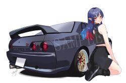 Rule 34 | 1girl, ass, black shirt, blue hair, boots, brown eyes, colored tips, commission, dark blue hair, earrings, hair behind ear, hand on own thigh, heart, heart earrings, highres, indie virtual youtuber, jewelry, koima rinne, looking at viewer, multicolored hair, nissan, nissan skyline, nissan skyline gt-r, nissan skyline r32, pointy ears, red hair, sample watermark, seiza, shadow, shirt, signature, sitting, skeb commission, sleeveless, sleeveless shirt, smile, solo, spoiler (automobile), vehicle focus, virtual youtuber, watermark, white background, zono (inokura syuzo029)
