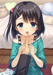 Rule 34 | 1girl, aqua shirt, black hair, blue eyes, blush, clothes writing, cofetaru, collarbone, commentary request, dracu-riot!, drooling, hair between eyes, hair bobbles, hair ornament, hairclip, hand grab, hands up, highres, indoors, licking, licking finger, long sleeves, looking at viewer, mera azusa, mouth drool, off shoulder, on floor, pov, pov hands, saliva, shirt, short hair, side ponytail, solo focus, straight-on, straight hair, teeth, tongue, tongue out, upper teeth only, wide sleeves