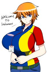 Rule 34 | 1girl, ahrs, blue eyes, breasts, female focus, highres, huge breasts, looking at viewer, name tag, orange hair, short hair, simple background, solo, text focus, uniform, white background