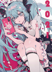 Rule 34 | 1girl, 2021, :o, absurdres, aqua eyes, aqua hair, black ribbon, blouse, cellphone, collared shirt, expressionless, frills, hair between eyes, hair ribbon, hatsune miku, highres, holding, holding phone, open mouth, phone, ribbon, see-through, see-through sleeves, shirt, solo, striped, taowu (20809), twintails, vocaloid, white shirt