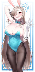 Rule 34 | 1girl, akchu, animal ears, arm up, asuna (blue archive), asuna (bunny) (blue archive), bare shoulders, black pantyhose, blue archive, blue eyes, blue leotard, blue neckwear, bow, bowtie, breasts, cleavage, covered navel, detached collar, eyes visible through hair, fake animal ears, gloves, hair over one eye, highres, large breasts, leotard, light brown hair, long hair, mole, mole on breast, pantyhose, playboy bunny, rabbit ears, smile, strapless, strapless leotard, traditional bowtie, very long hair, white gloves