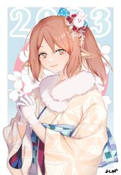 Rule 34 | 1girl, 2023, absurdres, alternate costume, animal ears, arknights, brown eyes, brown hair, chinese zodiac, closed mouth, floral background, flower, fox ears, fur collar, gloves, hair ornament, highres, japanese clothes, kimono, long hair, long sleeves, looking at viewer, obi, own hands clasped, own hands together, perfumer (arknights), ponytail, rabbit hair ornament, sash, signature, smile, solo, upper body, white flower, white gloves, wide sleeves, year of the rabbit, yellow kimono, yoshiga