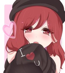 Rule 34 | 1girl, bad id, bad pixiv id, bare shoulders, beret, black hat, black shirt, blush, border, clothes writing, commentary, english commentary, eyelashes, hair between eyes, hat, heart, heart-shaped pupils, hecatia lapislazuli, holding, holding clothes, long hair, looking at viewer, off shoulder, open mouth, outside border, pink background, portrait, red eyes, red hair, shirt, simple background, solo, symbol-shaped pupils, t-shirt, touhou, white border, yukome