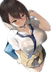 Rule 34 | 1girl, ahoge, azur lane, bag, baltimore (after-school ace) (azur lane), baltimore (azur lane), black necktie, blouse, blush, bra visible through clothes, braid, bralines, breasts, brown hair, choker, clothes around waist, collared shirt, hair between eyes, holding, holding bag, large breasts, necktie, pleated skirt, school bag, school uniform, see-through, shirt, short hair, short sleeves, side braid, skirt, solo, thighs, wet, wet clothes, wet shirt, white shirt, xe (execut3r), yellow eyes