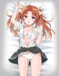 Rule 34 | 1girl, black skirt, blush, bra, breasts, brown hair, clothes pull, commentary request, dress shirt, green eyes, hair ribbon, kagerou (kancolle), kantai collection, long hair, looking at viewer, lying, makiyuki, navel, neck ribbon, open clothes, open mouth, open shirt, panties, pleated skirt, purple eyes, ribbon, shirt, skirt, skirt pull, small breasts, solo, twintails, underwear, white bra, white panties, white ribbon, white shirt