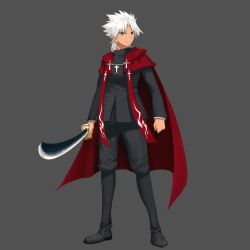 Rule 34 | 1boy, amakusa shirou (fate), black footwear, black jacket, black pants, cape, closed mouth, commentary, cross, dark-skinned male, dark skin, dh ead, earrings, fate/apocrypha, fate (series), foreshortening, full body, grey background, highres, holding, holding sword, holding weapon, jacket, jewelry, katana, long sleeves, looking at viewer, male focus, pants, pointy hair, red cape, shoes, simple background, smile, solo, standing, sword, weapon, white hair, yellow eyes