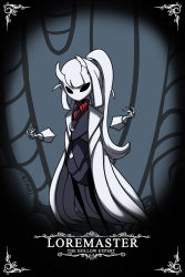 Rule 34 | 1girl, absurdres, arthropod girl, artist name, black horns, character name, coat, commentary, dated, disembodied hand, english commentary, english text, full body, helltaker, highres, hollow knight, horns, lab coat, long hair, looking at viewer, loremaster (helltaker), open clothes, open coat, parody, ponytail, signature, solo, standing, style parody, taphris, white coat