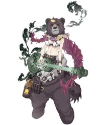 Rule 34 | 1girl, animal costume, asymmetrical hair, bear costume, bear mask, belt, bracelet, braid, breasts, canister, claws, dorothy (sinoalice), flower, flower necklace, full body, fur, glasses, guitar, hair ornament, hairclip, hidden face, instrument, jewelry, ji no, large breasts, mask, messy hair, midriff, music, navel, necklace, official art, over-rim eyewear, partially undressed, playing instrument, purple hair, semi-rimless eyewear, sinoalice, smoke, solo, transparent background, twin braids