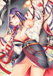 Rule 34 | 1girl, azur lane, bare shoulders, black hat, black kimono, black sash, breasts, cleavage, cross, cross necklace, feather boa, folded fan, folding fan, hand fan, hat, highres, hime cut, holding, holding fan, iron cross, japanese clothes, jewelry, kimono, large breasts, long hair, looking at viewer, marker (medium), necklace, off shoulder, official alternate costume, omikuji, peter strasser (azur lane), peter strasser (chronos&#039;s kalendae) (azur lane), purple eyes, purple hair, sash, saya pr, solo, sun hat, traditional media, wide sleeves