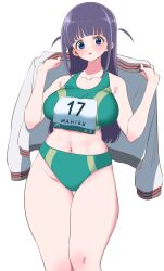 Rule 34 | 1girl, bare shoulders, black hair, blue eyes, blunt bangs, breasts, commentary request, highres, isanainusa, jacket, large breasts, long hair, looking at viewer, navel, shoujo kageki revue starlight, sleeveless, solo, sports bikini, stomach, thick thighs, thighs, track uniform, tsuyuzaki mahiru, two side up, white background