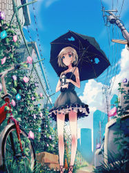 Rule 34 | 1girl, 40hara, :o, barbed wire, bare legs, bare shoulders, bicycle, black dress, blue eyes, blue sky, blurry, blush, breasts, broken umbrella, brown hair, chain-link fence, cloud, day, depth of field, dress, fence, flower, from below, grass, hair ornament, hairclip, highres, lamppost, looking down, morning glory, original, outdoors, overgrown, plant, power lines, short dress, short hair, sky, small breasts, solo, standing, television, torn umbrella, transformer, umbrella, utility pole, vanishing point, vines