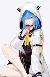 Rule 34 | 1girl, absurdres, amamizu shizuku, apple juice, barefoot, belt, black serafuku, blue eyes, blue hair, choker, commentary request, crossed bangs, drinking straw, drinking straw in mouth, feet together, foot out of frame, grey background, highres, holding, hololive, hood, hooded jacket, hoshimachi suisei, hoshimachi suisei (school uniform), jacket, juice, juice box, knee up, knees apart feet together, legs, long hair, long sleeves, looking at viewer, mouth hold, official alternate costume, pleated skirt, puffy sleeves, school uniform, serafuku, sidelocks, sitting, skirt, solo, stalk in mouth, virtual youtuber, white jacket, yellow neckwear