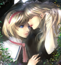Rule 34 | 2girls, alice margatroid, ascot, blonde hair, blue eyes, closed eyes, crying, eyelashes, face-to-face, female focus, frills, tucking hair, hairband, hand in own hair, hat, headband, kirisame marisa, leaf, licking, long hair, looking at another, multiple girls, nature, parted lips, pink lips, profile, short hair, takashima, tears, tongue, tongue out, touhou, upper body, yuri