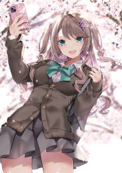 Rule 34 | 1girl, :d, akatsuki hijiri, black cardigan, blurry, blurry background, bow, branch, brown hair, cardigan, cellphone, collared shirt, commentary request, depth of field, dress shirt, flower, green bow, green eyes, grey nails, grey skirt, hair ornament, hairclip, highres, holding, holding phone, leaning to the side, long hair, long sleeves, multicolored hair, nail polish, open mouth, original, phone, pink flower, pink hair, pleated skirt, puffy long sleeves, puffy sleeves, school uniform, shirt, skirt, sleeves past wrists, smile, solo, two-tone hair, two side up, very long hair, white shirt, x hair ornament