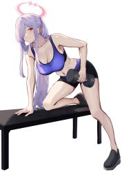 Rule 34 | 1girl, 3 small spiders, absurdres, bench, black footwear, black shorts, blush, breasts, closed mouth, crescent halo, dumbbell, exercising, full body, gym, hair over one eye, halo, highres, holding dumbbell, indoors, large breasts, long hair, navel, pink halo, purple hair, purple sports bra, red eyes, second-party source, shoes, shorts, simple background, smile, solo, sports bra, sweat, v&amp;u entertainment, very long hair, virtual youtuber, white background, yurikago kokone