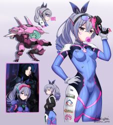 Rule 34 | 1girl, :3, absurdres, arm up, artist name, black jacket, blowing bubbles, bodysuit, breasts, chewing gum, chibi, commentary, cosplay, cropped legs, crossed bangs, d.va (overwatch), d.va (overwatch) (cosplay), english commentary, english text, facepaint, facial mark, from side, gloves, gun, hand on own hip, handgun, headphones, highres, holding, holding weapon, honkai: star rail, honkai (series), jacket, ken-pai (kenpai arts), long hair, long sleeves, looking at viewer, meka (overwatch), multiple views, overwatch, profile, signature, silver wolf (honkai: star rail), skin tight, small breasts, smile, trigger discipline, v-shaped eyebrows, weapon, whisker markings, white gloves