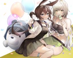 Rule 34 | 2girls, amiya (arknights), animal ears, arknights, balloon, black dress, black tube top, blue collar, blue eyes, blush, breasts, brown hair, cat ears, cat girl, cleavage, collar, dango, dress, eating, female focus, food, green eyes, green skirt, grey hair, groin, highres, holding, holding food, jacket, jewelry, kal&#039;tsit (arknights), looking at viewer, medium breasts, multiple girls, multiple rings, navel, neck ring, open clothes, open jacket, ponytail, ring, short hair, sidelocks, simple background, sitting, skirt, smile, strapless, tabayashi, thighlet, thighs, tube top, wagashi, white jacket