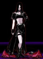 Rule 34 | androgynous, arc system works, black hair, boots, choker, collar, dark, fingerless gloves, gender request, gloves, guilty gear, hair over one eye, hand on own hip, leather, long hair, male focus, midriff, monster, pale skin, simple background, skirt, smirk, solo, testament (guilty gear), trap