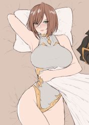 Rule 34 | 1girl, armpits, arms behind head, bare shoulders, bed sheet, black knight (granblue fantasy), blush, breasts, brown hair, commentary, from above, granblue fantasy, green eyes, hair between eyes, highres, hip focus, large breasts, leotard, looking at viewer, lying, norman maggot, on back, on bed, pillow, short hair, solo, thighs, wide hips